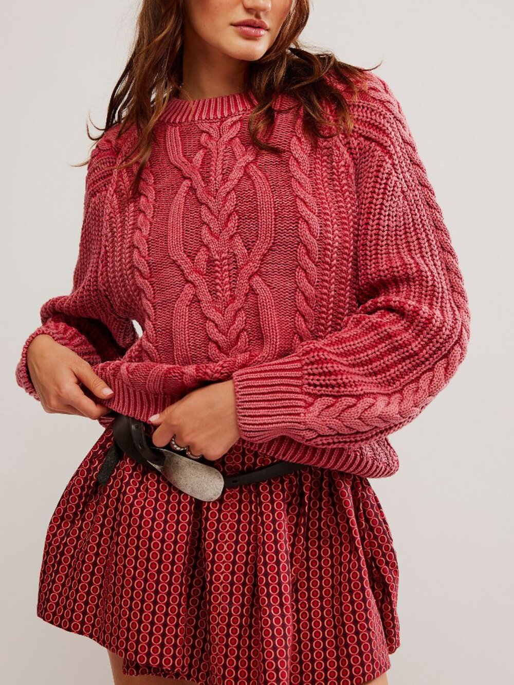 🆕 FREE PEOPLE Frankie Cable Sweater / Cherry